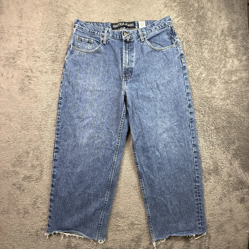 Y2K Nautica Jeans Mens 34 Baggy Cropped Distressed Blue Denim 100% Cotton